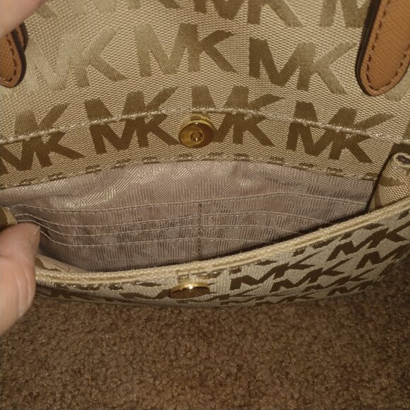 Michael Kors Tan MK Logo Canvas Shoulder Bag W/Brown Leather Trim - Medium Sized - Picture 9 of 15